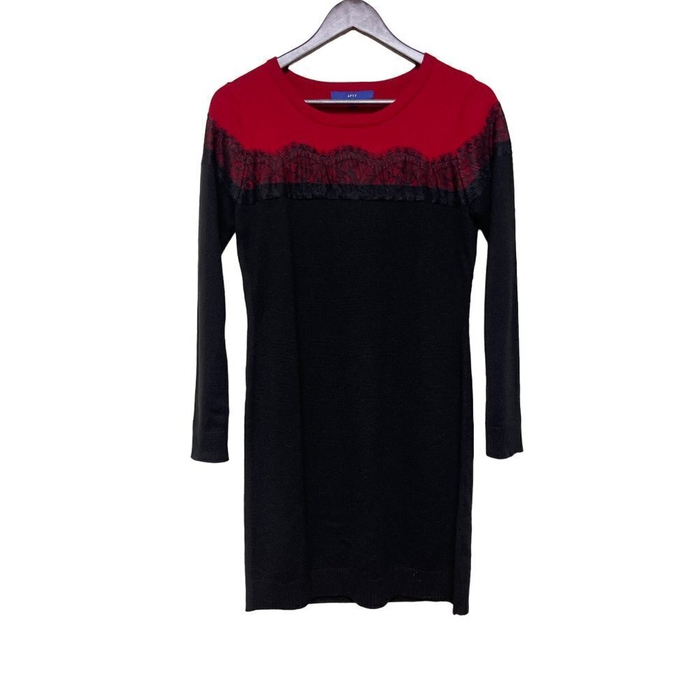 NEW! APT 9 Red Black Crewneck Long Sleeve Sweater Dress Women's Size Small